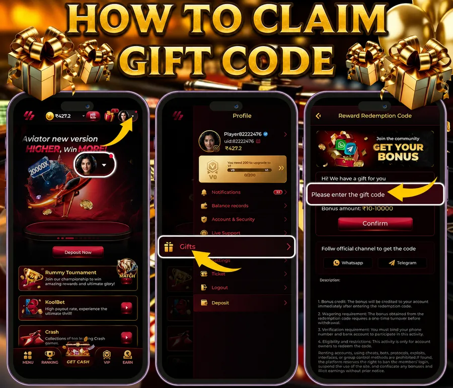 Y1 Game gift code screens, used to illustrate an APK versus app comparison